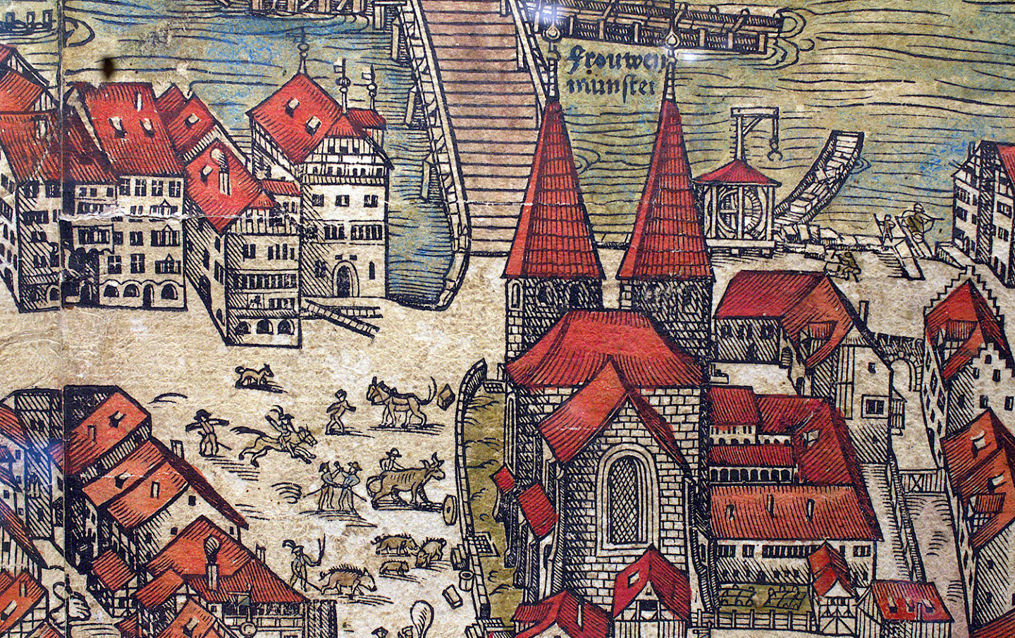 Einst hatte das Fraumünster zwei Türme, wie der Plan von Jos Murer (1576) zeigt. © Zentralbibliothek Zürich, gemeinfrei© Zentralbibliothek Zürich, gemeinfrei