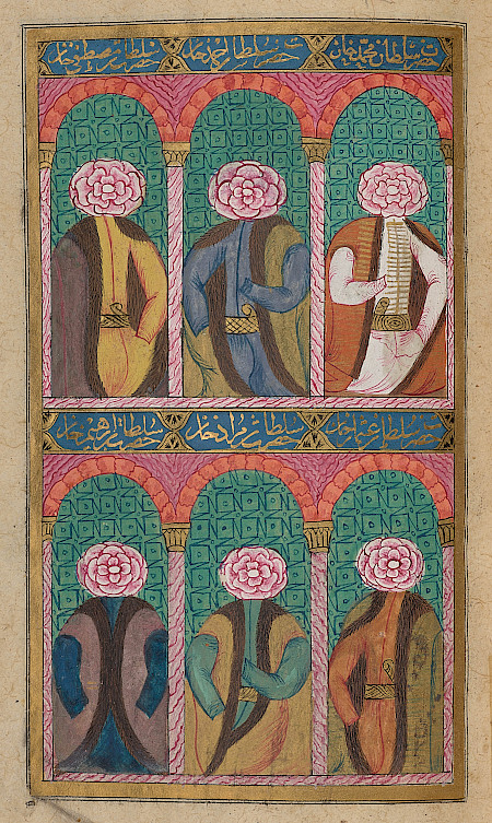 Gesichtlose Sultanporträts. Aus einem Exemplar des «Tercüme-i miftāḥ-ı cifrüʾl-cāmiʿ», Istanbul. © Chester Beatty Library, Dublin