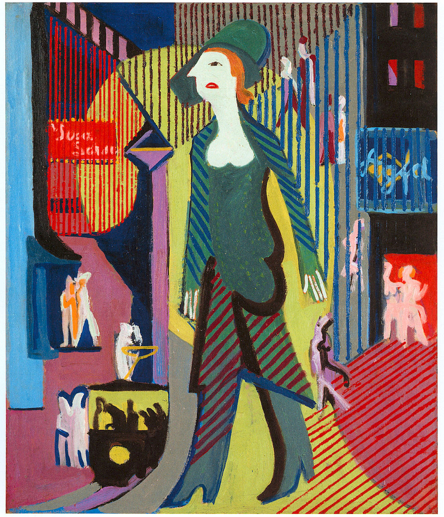 Ernst Ludwig Kirchner, Nachtfrau (Frau geht über nächtliche Strasse), 1928/1929, Öl auf Leinwand, 120 x 101 cm, Privatsammlung