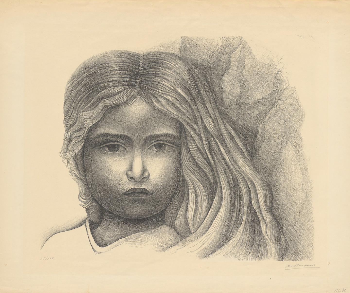 Roberto Berdecio, Retrato de una muchacha mexicana, 1947, Lithografie, Blatt: 55.7 x 66.7 cm, Kunsthaus Zürich, © Nachlass Roberto Berdecio