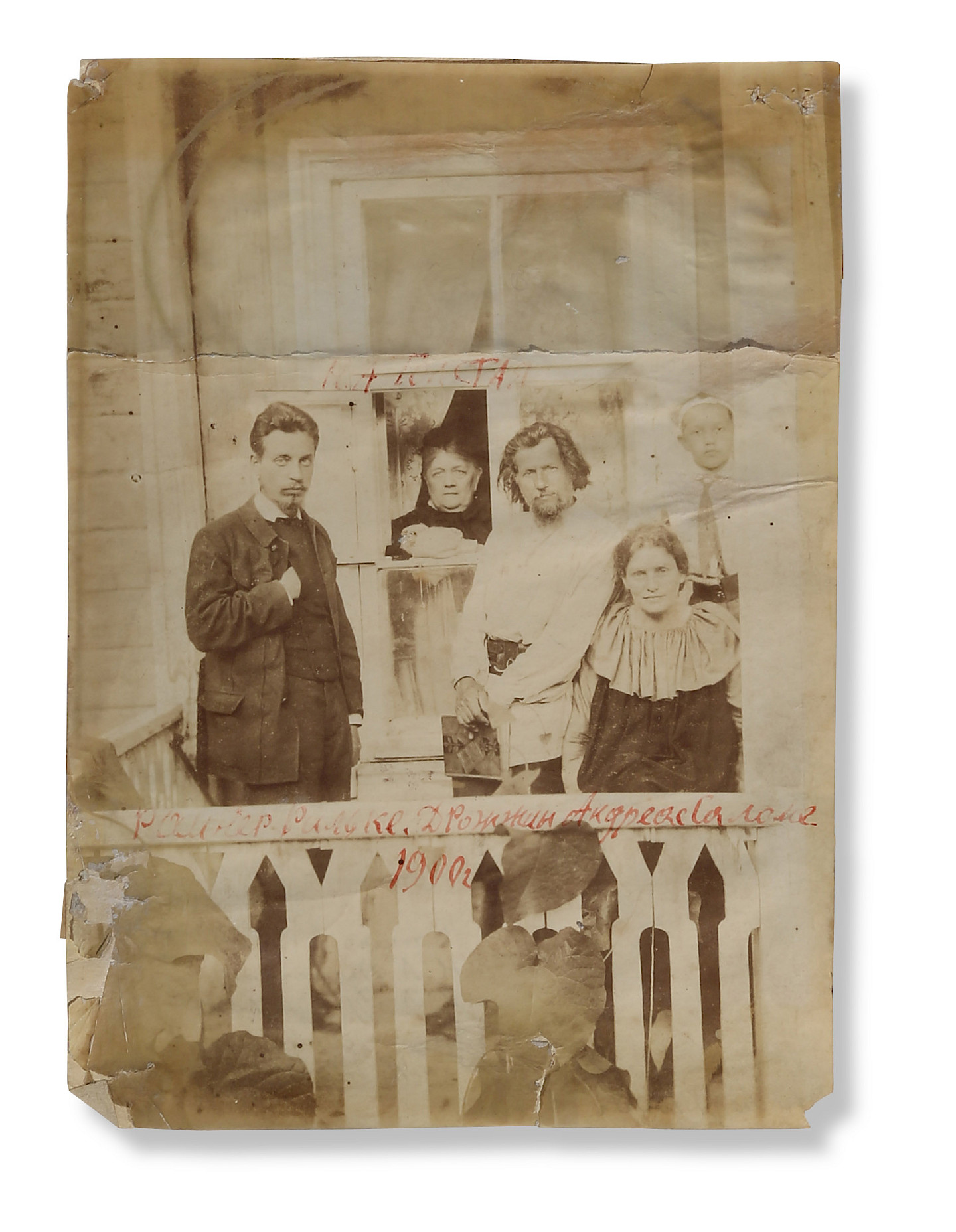 Rilke, Spiridon Droshshin und Lou Andreas-Salomé bei Nikolai Tolstoi, Fotografie (Ausschnitt) mit Namen der Personen von Droshshins Hand (1900) | Droshshin Museum, Sawidowo